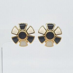 Vintage Monet Designer Black White Enamel Gold Flower Clip On Earrings ESTATE